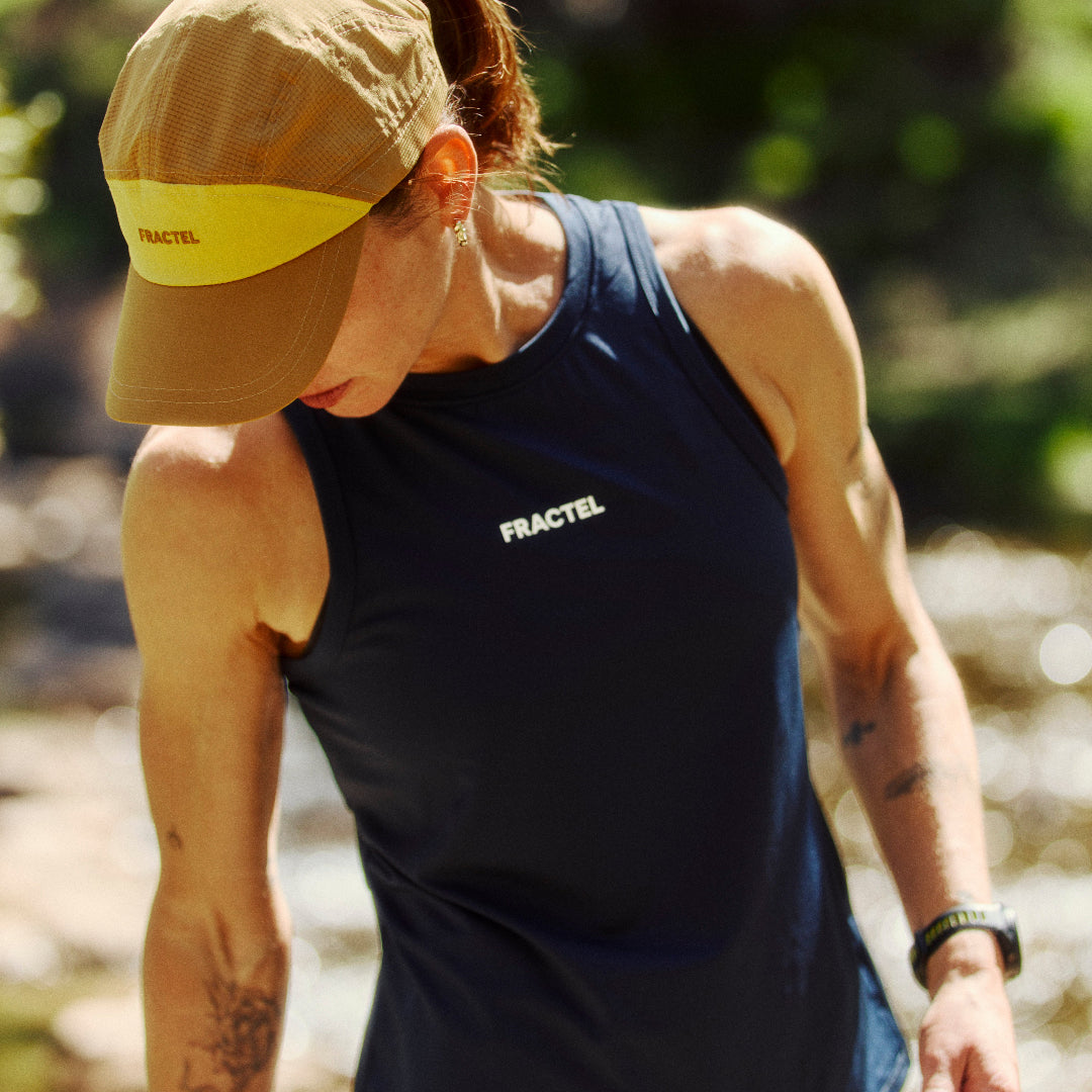 Womens Blue Performance Running Singlet On Model 