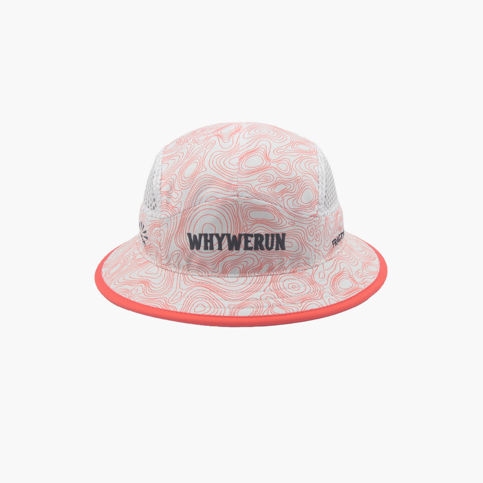 A white and orange topographic patterned bucket hat with black 'WHYWERUN' text on the front, shown against a light gray background.