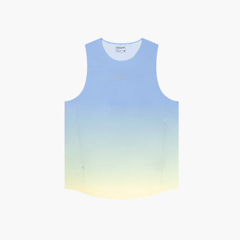 A sleeveless athletic tank top with a smooth vertical gradient transitioning from light blue at the top to pale yellow at the bottom, shown flat against a solid white background.