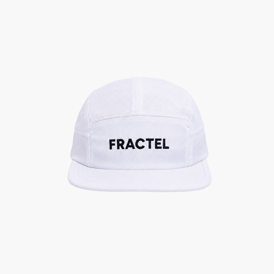 White cap with 'FRACTEL' logo on a white background